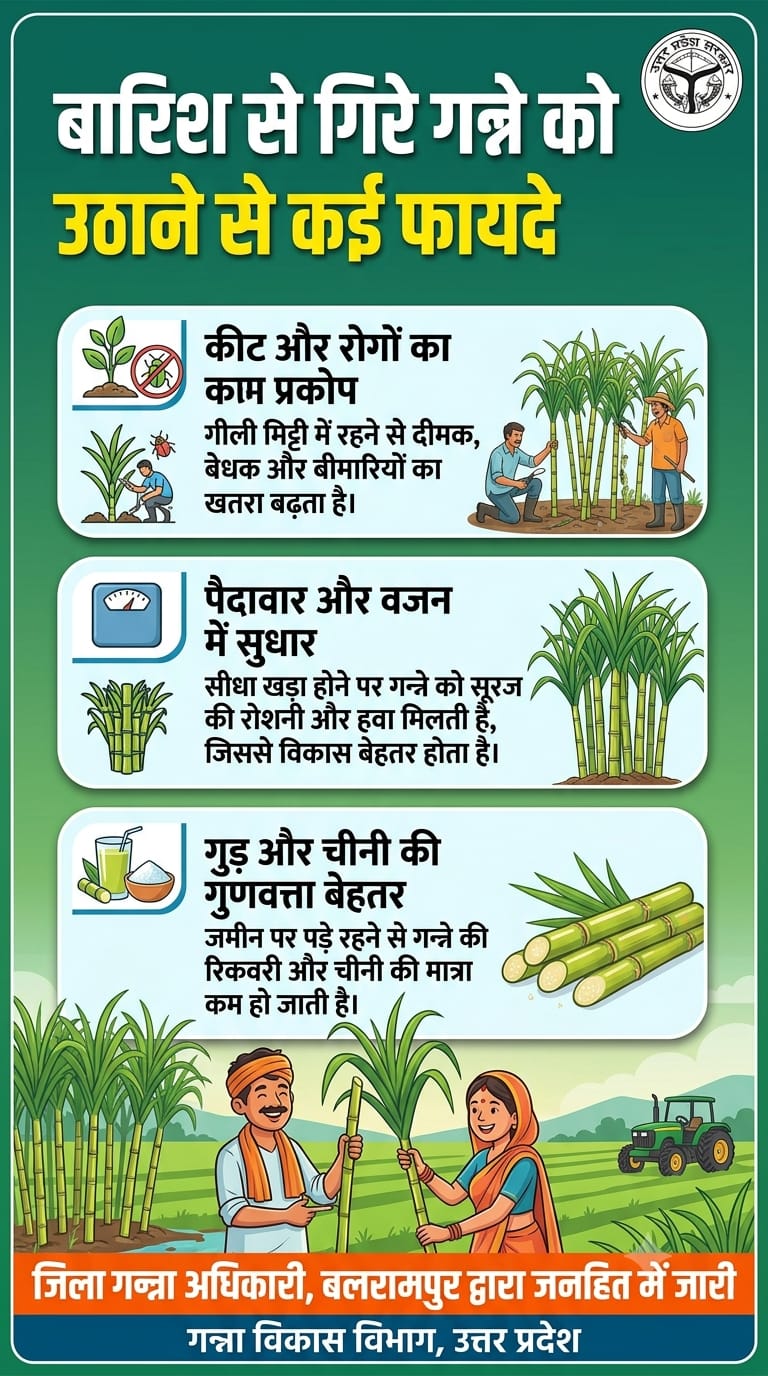 अतिवृष्टि के कारण गिरे गन्ने को लेकर किसानों के लिए महत्वपूर्ण सलाह, गन्ने की फसल को शीघ्र सीधा कर बांधने की अपील