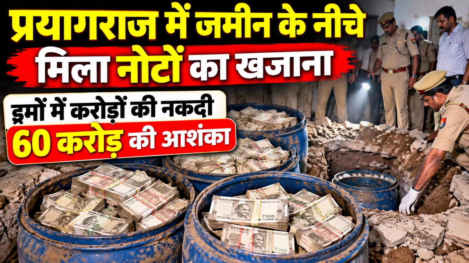 प्रयागराज में जमीन के नीचे दबे मिले नोटों से भरे ड्रम, 60 करोड़ रुपये की आशंका; पुलिस जांच में जुटी
